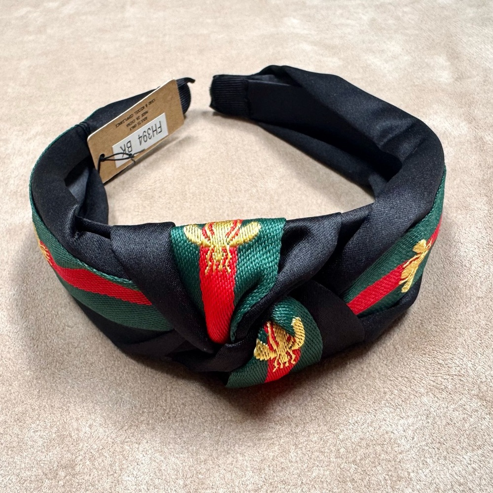 Story by Davinci Headband Black Green Red Ribbon Gold Bee New With Tags